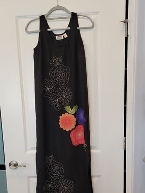 Vintage Chico's Design Black Floral 100% Silk Maxi Dress Size 0 [Small ]